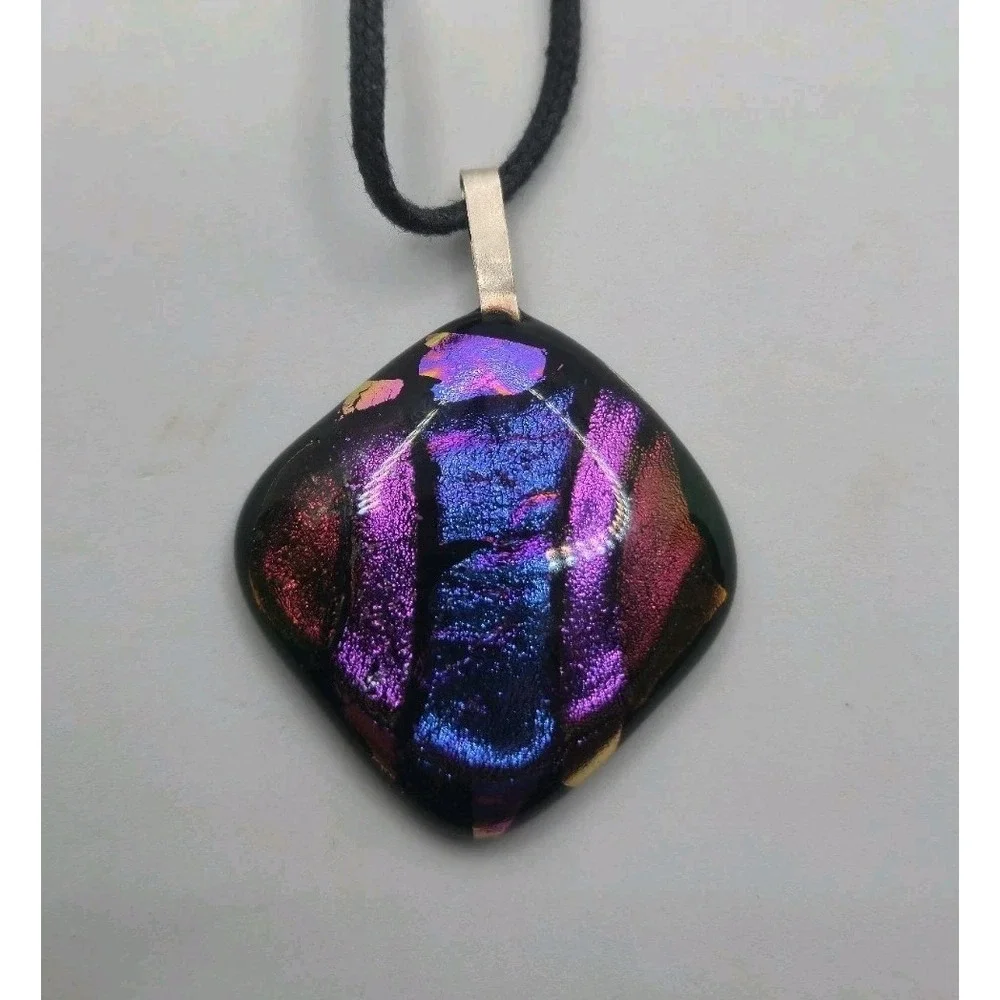 Dichroic Fused Glass Pendant Necklace Black Cord Purple Blue Artisan Jewelry
